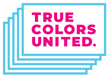 Stack of cards with the phrase 'TRUE COLORS UNITED' in pink letters on a white background surrounded by a blue border.