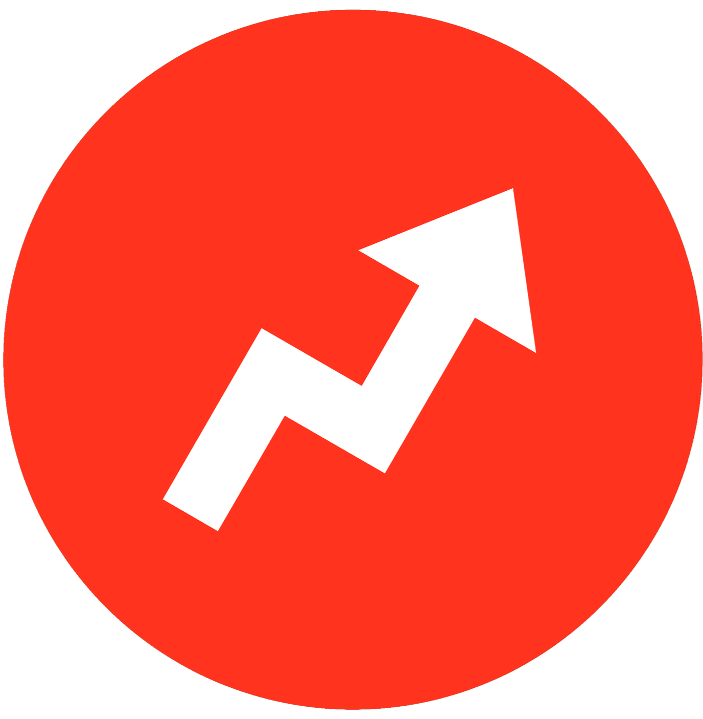 Red circle with a white arrow pointing upward and to the right, symbolizing growth or progress.