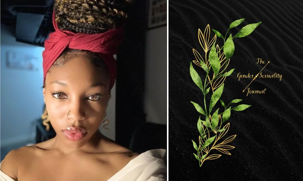 A woman with braids, wearing a red headscarf, and makeup. She is looking at the camera with a neutral expression. Next to her is the cover of a journal titled 'The Gender and Sexuality Journal' with a design of green leaves and golden outlines on a black background.