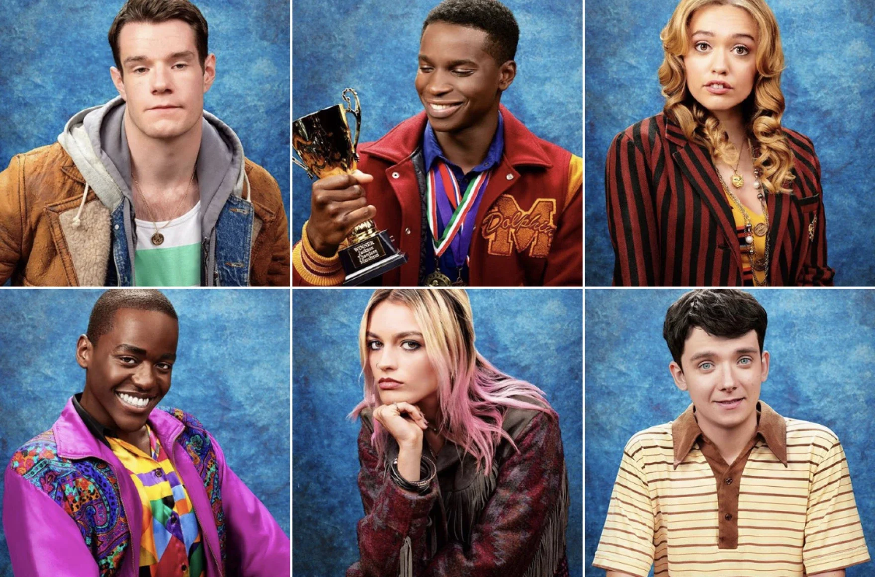 Collage of six diverse young adults, three in the top row and three in the bottom row, posed against a blue backdrop. Each person has a unique style and expression, with one holding a trophy and medals.