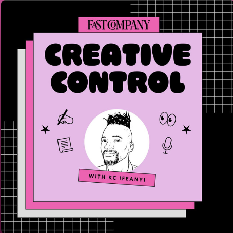 Promotional graphic for a podcast episode titled 'Creative Control' with KC Ifeanyi, featuring a black-and-white illustration of KC Ifeanyi's face in a white circle, on a pink background with black grid lines. Includes icons like a microphone, notebook, eye, smiley face, stars, and a hand with a pen.