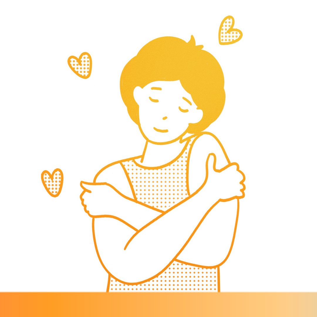 Line drawing of a woman hugging herself with closed eyes, surrounded by three dotted heart illustrations.