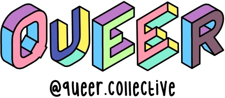 Colorful 3D text spelling 'QUEER' with rainbow colors and black outline, with '@queer.collective' written below.