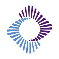 Abstract logo with a circular design composed of purple and blue elongated bars