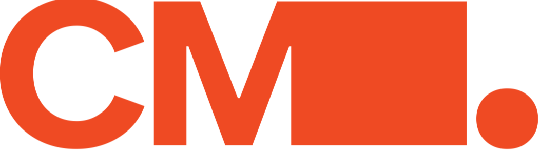 Close-up of a logo featuring the letters 'C', 'M', and a stylized red square, with a red dot at the end.