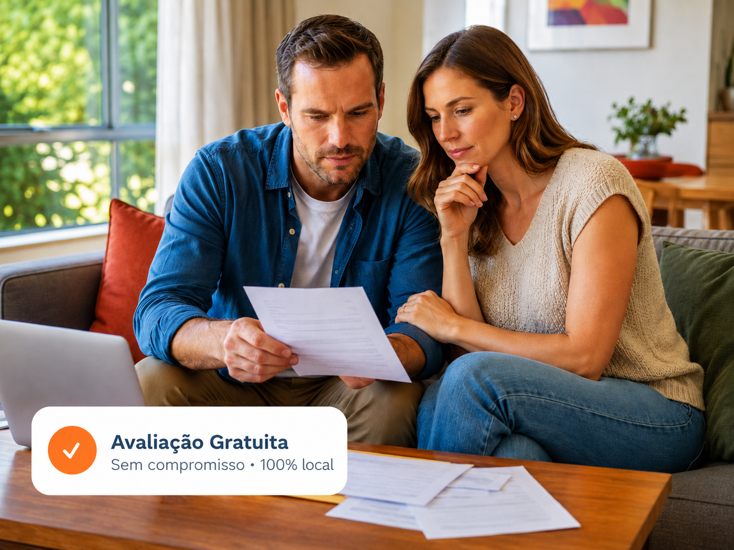 Casal a analisar documentos para avaliação gratuita de imóvel com a SI Paredes