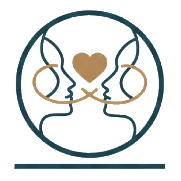 Illustration of two faces, one male and one female, facing each other within a circle, with a heart between them, symbolizing love or connection.