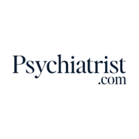 Logo of Psychiatrist.com with text in dark blue and black font.