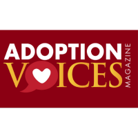 Logo for Adoption Voices Magazine with bold red background and white and yellow text.