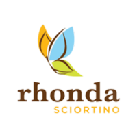 A stylized butterfly logo with yellow and blue wings, green antennae, and the text 'rhonda' in brown and 'SCIORTINO' in yellow below.