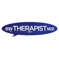 Logo for myTHERAPISTez with a dark blue oval background and white text