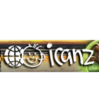 Close-up of a logo with the text 'iCanz' and a stylized globe and smiley face design.