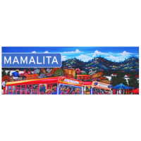 A sign that says 'MAMALITA' with a colorful cityscape background at night.