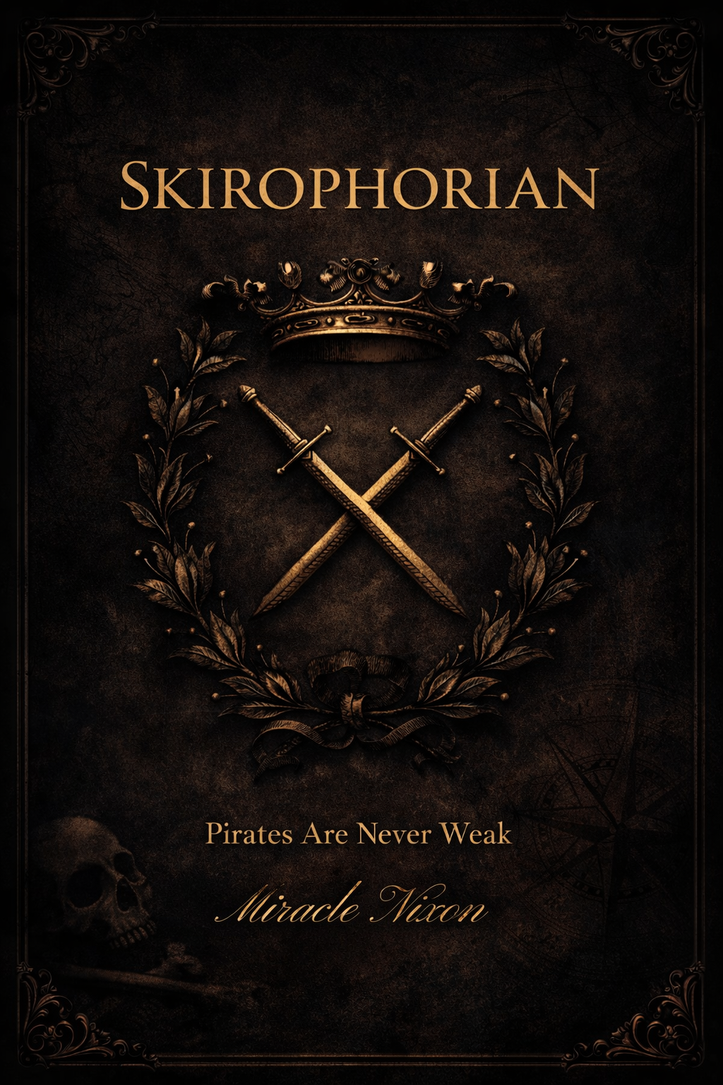 Dark, ornate cover with gold text reading ‘Skirophorian’. Features a crown, crossed swords, and a laurel wreath, with a skull at the bottom left corner, and the quote ‘Pirates Are Never Weak’ by Miracle Nixon.