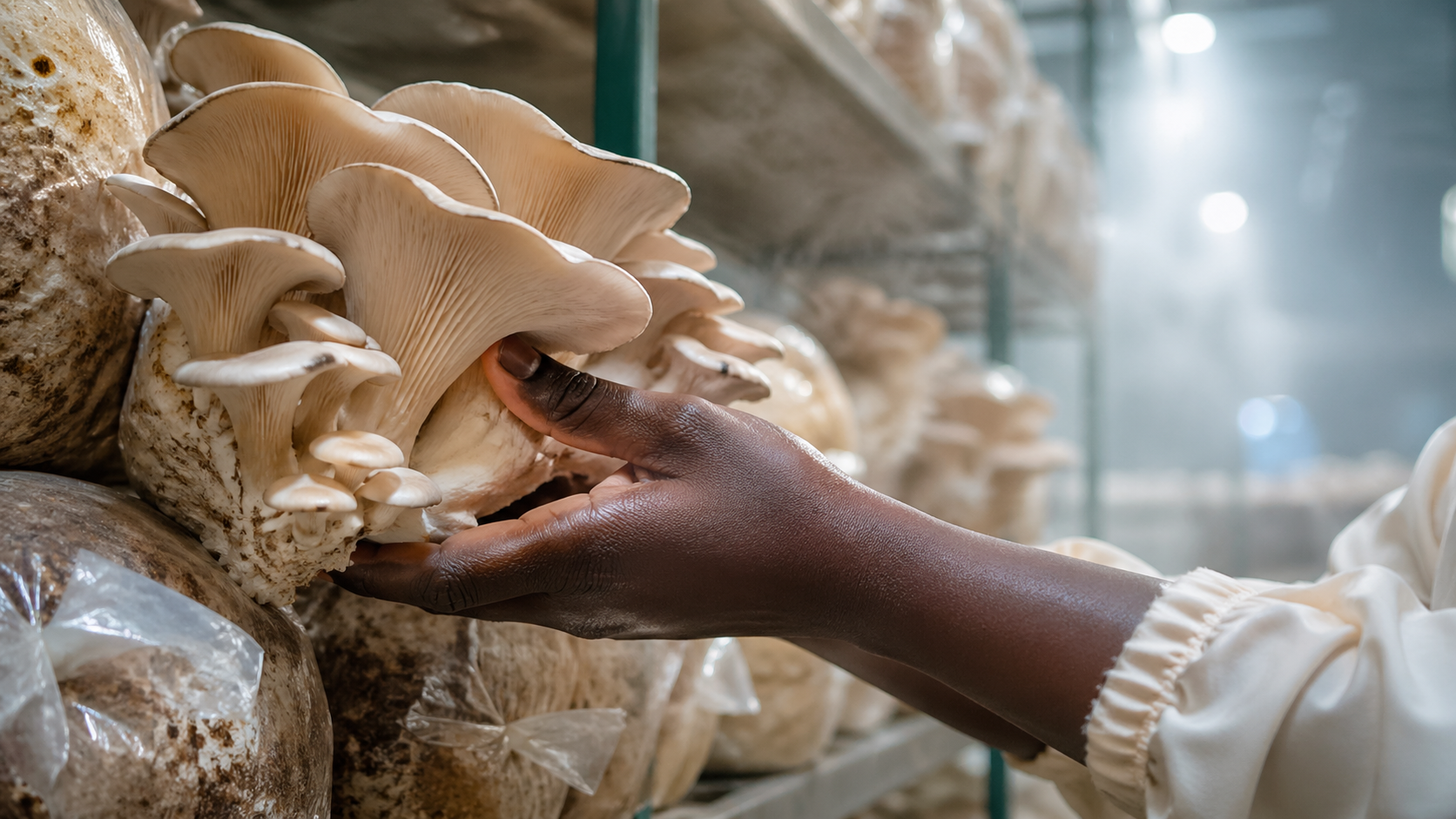 Person inspecting cultivated mushrooms in a mushroom farm or storage area.