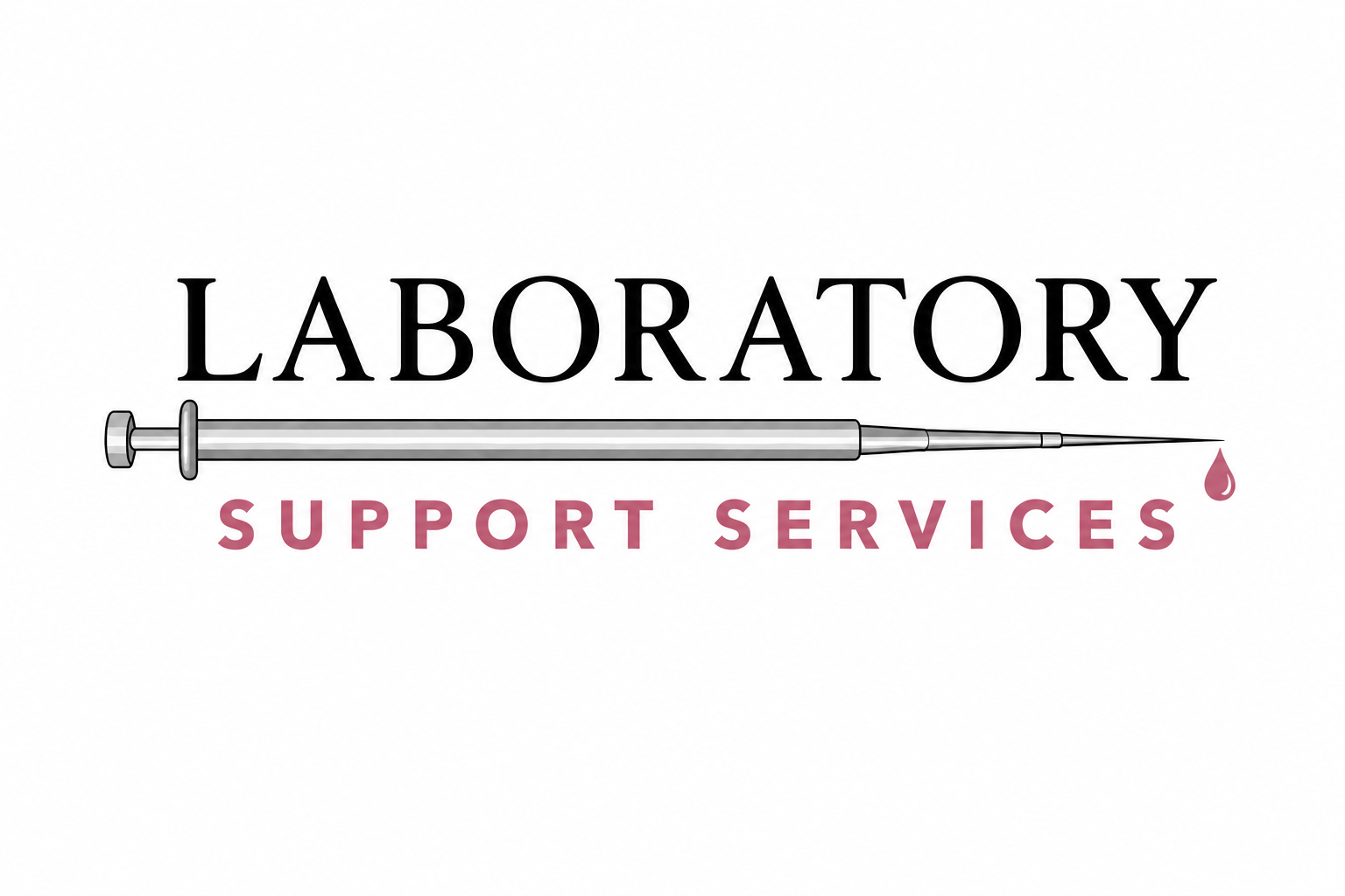 Logo for Laboratory Support Services featuring a syringe with a drop of blood, with the text 'Laboratory' above it and 'Support Services' below in pink.