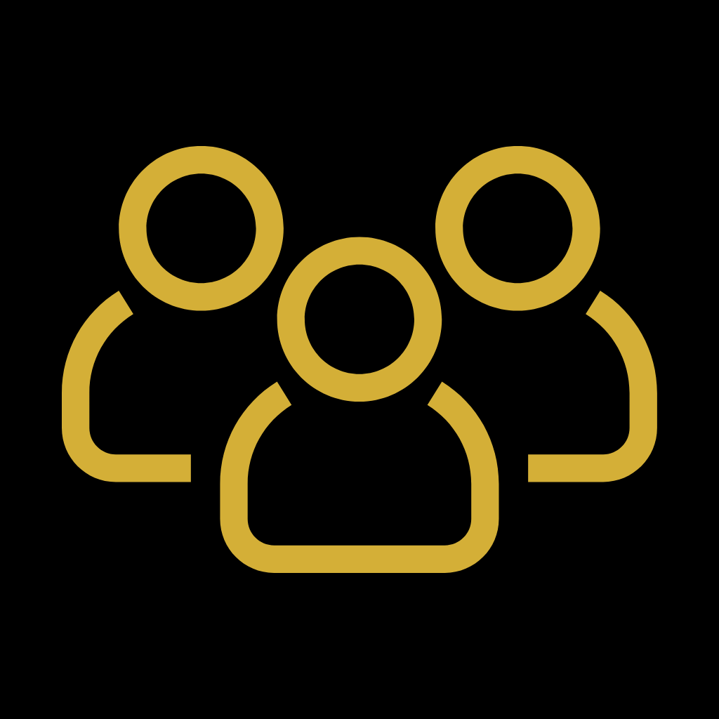 Icon of three stylized human figures in gold on a black background, symbolizing a group or team.
