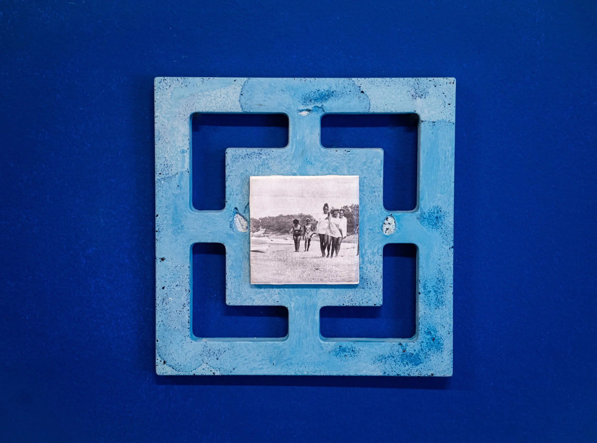   Breathing Block  (Sag Harbor)    
2025 - Recycled glass, marine debris, lapis lazuli, cement, tile, archive photo transfer