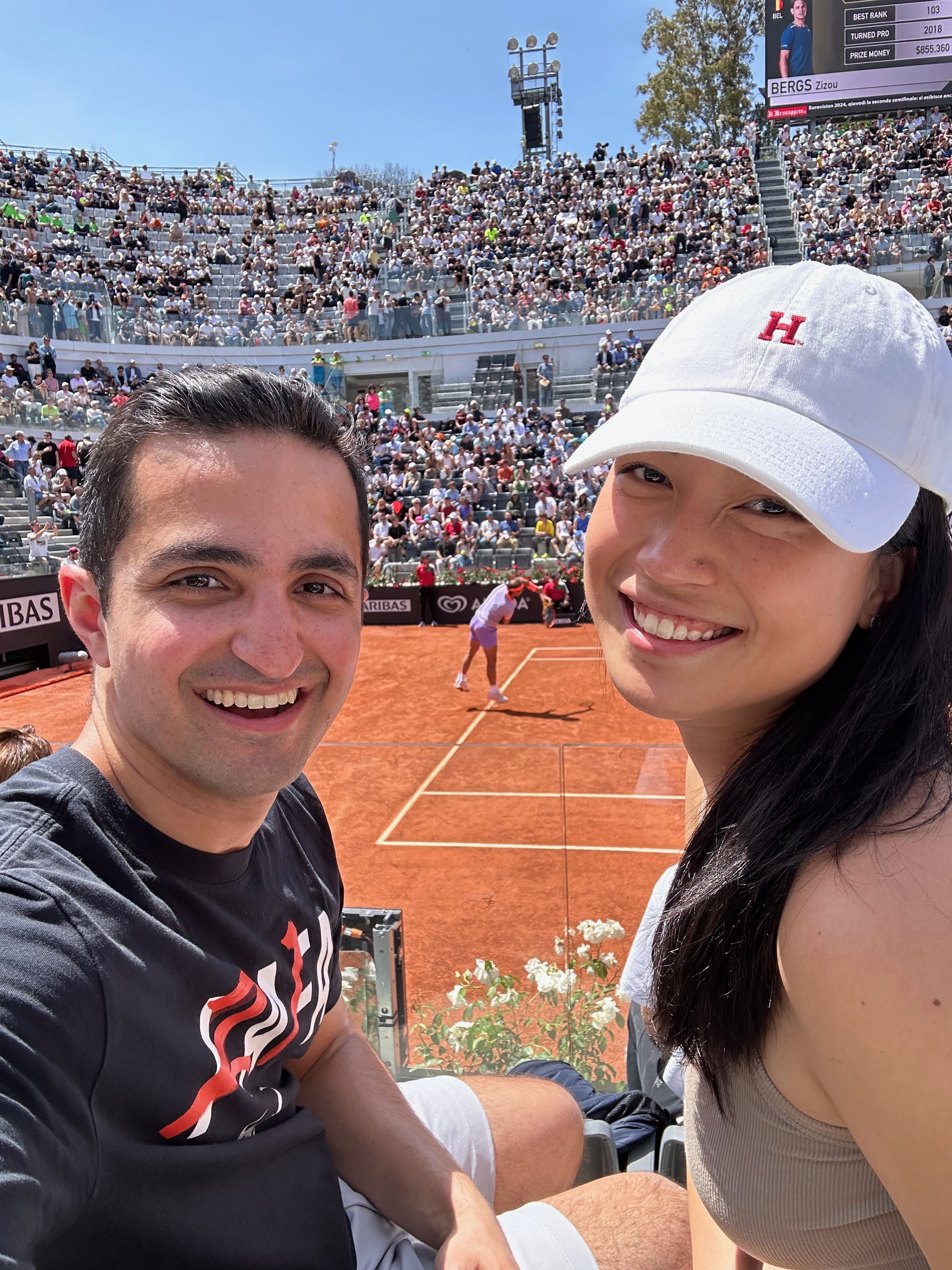 Impromptu trip to Rome for the Italian Open, so Sandesh can see his idol Rafael Nadal (pictured between us) play one of his last matches before retirement. We frolic around Rome and explore cute streets, cozy restaurants, and all the coffee. But more
