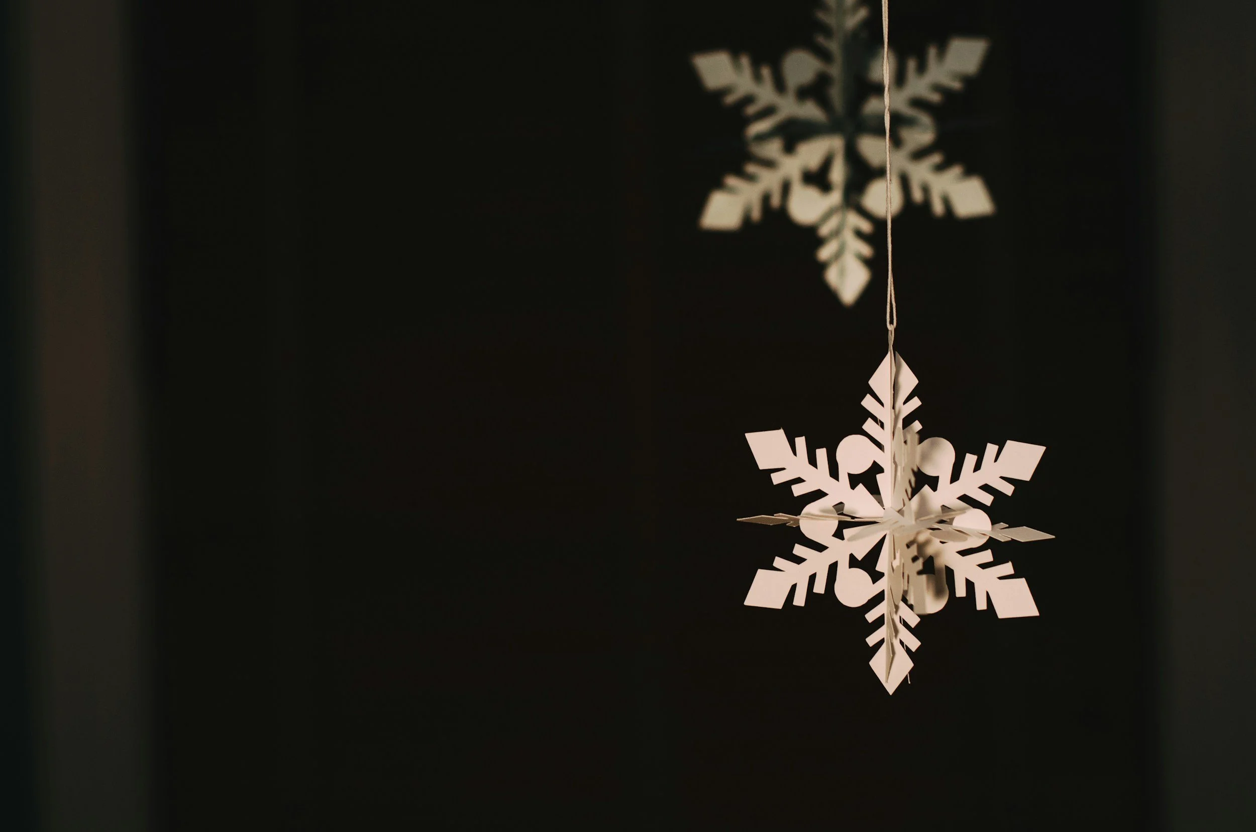 snowflake ornaments on black background