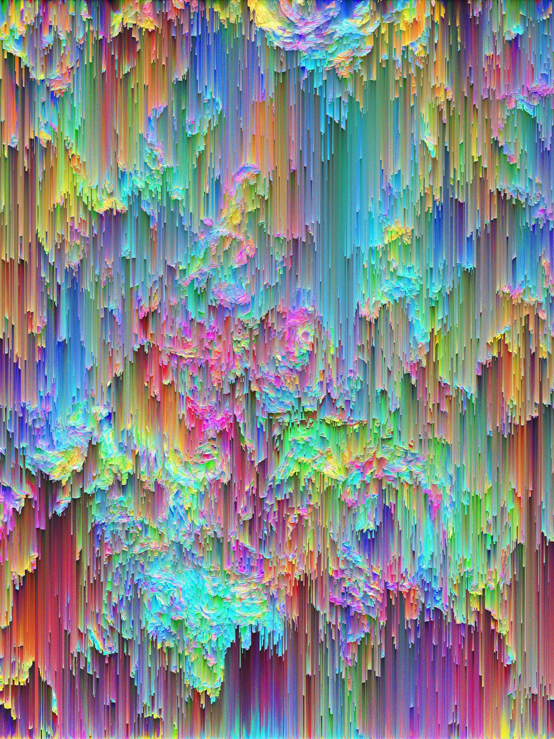 Colorful abstract artwork with vertical textured lines in shades of pink, purple, blue, green, yellow, and orange.