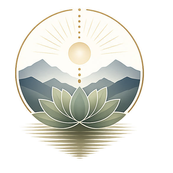 A stylized illustration of a lotus flower with mountain silhouettes and a glowing sun in the background, enclosed in a circular frame.