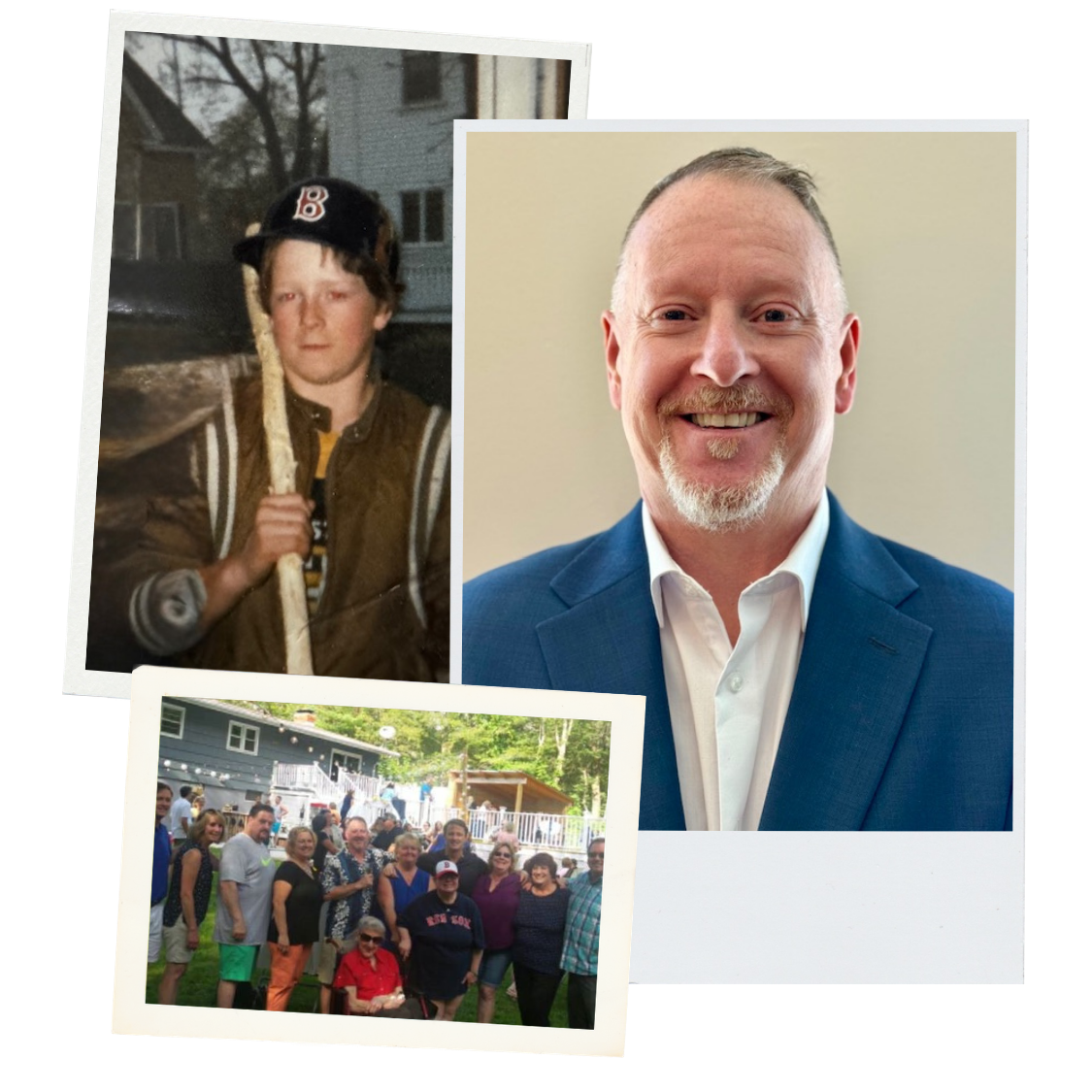 A collage of three photographs: a young boy in baseball gear holding a bat, an adult man in a suit smiling, and a group of people outdoors at a gathering.