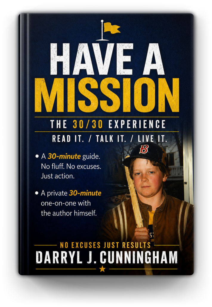 Book cover titled "Have a Mission: The 30/30 Experience" featuring a young baseball player holding a bat, with a subtitle "Read it. Talk it. Live it." by Darryl J. Cunningham.