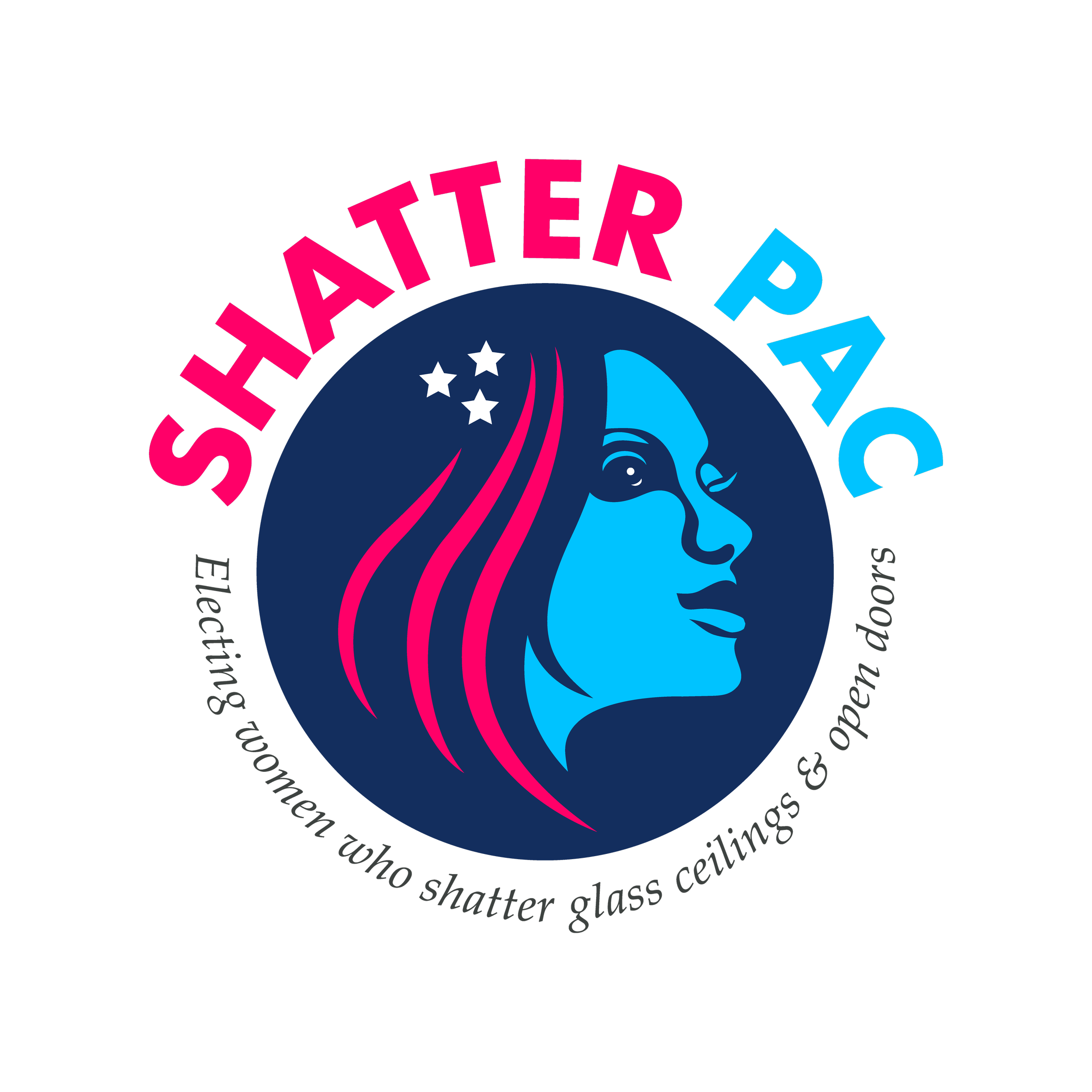 A navy blue circular logo with pink and blue text that says "SHATTER PAC" and includes an image of a stylized face with flowing hair and stars.