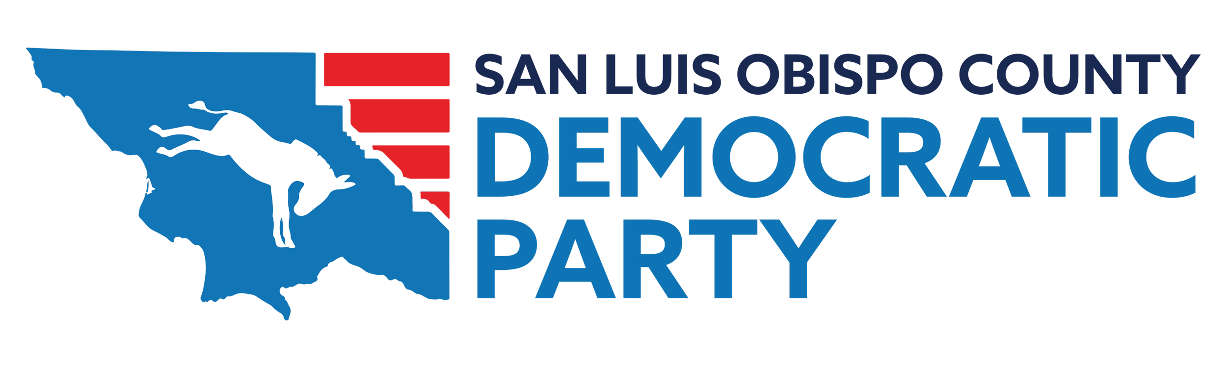 Logo of San Luis Obispo County Democratic Party featuring a blue silhouette of the county map with a white donkey and three red rectangles next to the text 'San Luis Obispo County Democratic Party'.