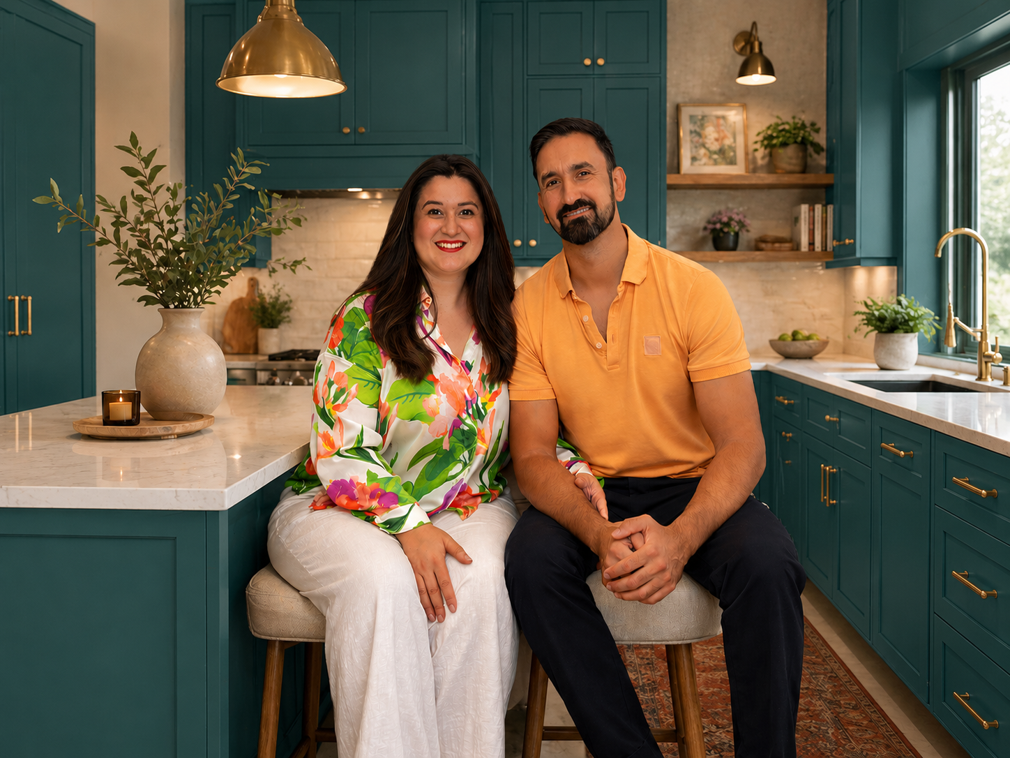 Smiling woman in a colorful floral blouse and white pants, man in a yellow polo shirt and black pants, sitting together on a kitchen island in a modern kitchen with teal cabinets, gold hardware, and decorative plants.