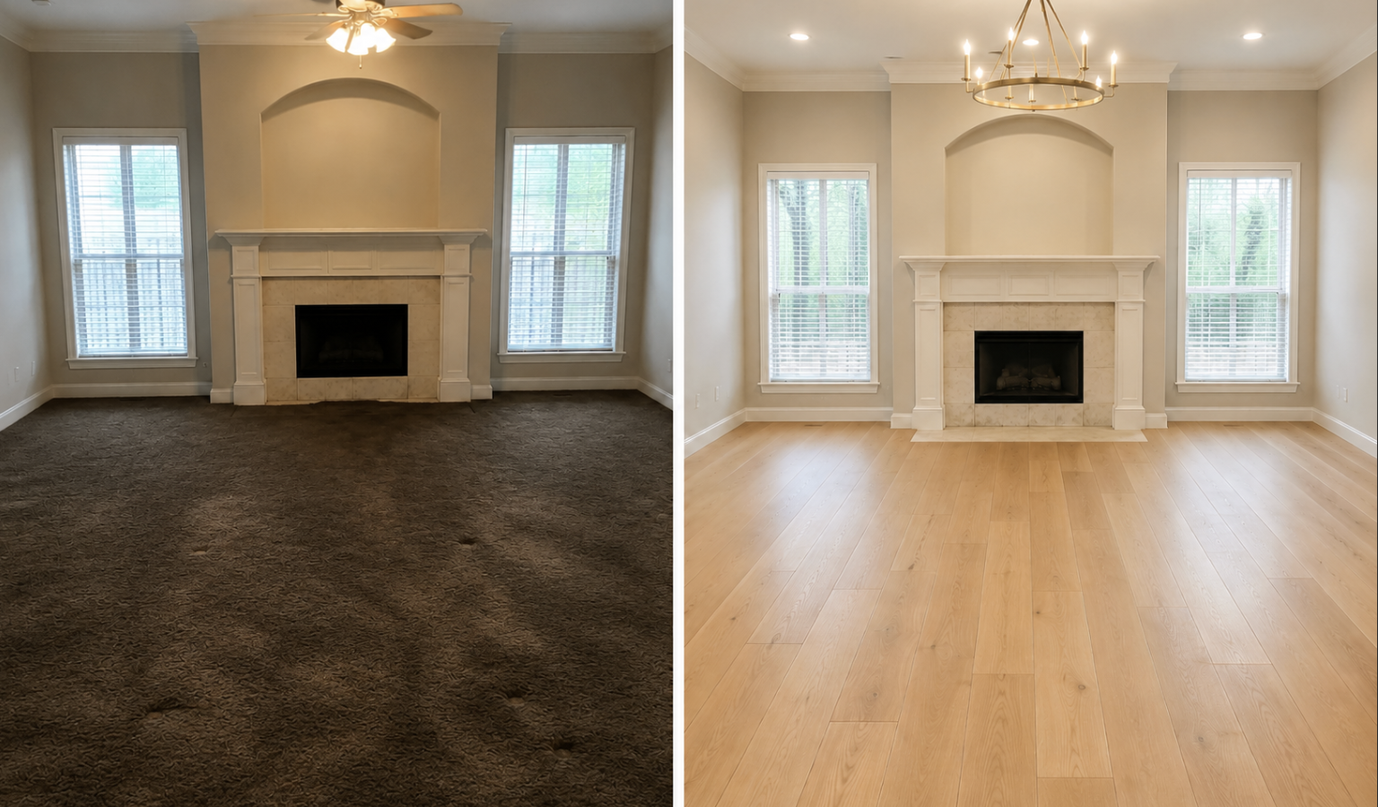 Before and after photos of a living room fireplace area, showing updated decor with light-colored walls, large windows, and new hardwood flooring replacing old carpet.