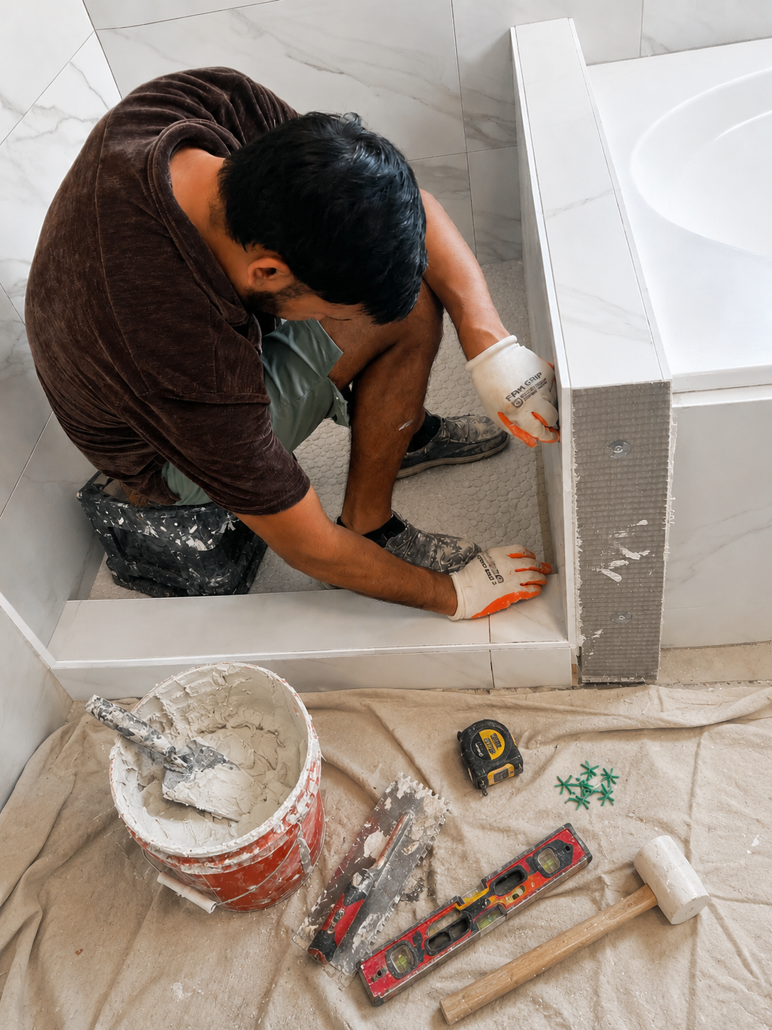 A man installing a shower base in a bathroom, surrounded by construction tools and materials, including a bucket of mortar, level, hammer, tape measure, and green plastic spacers.
