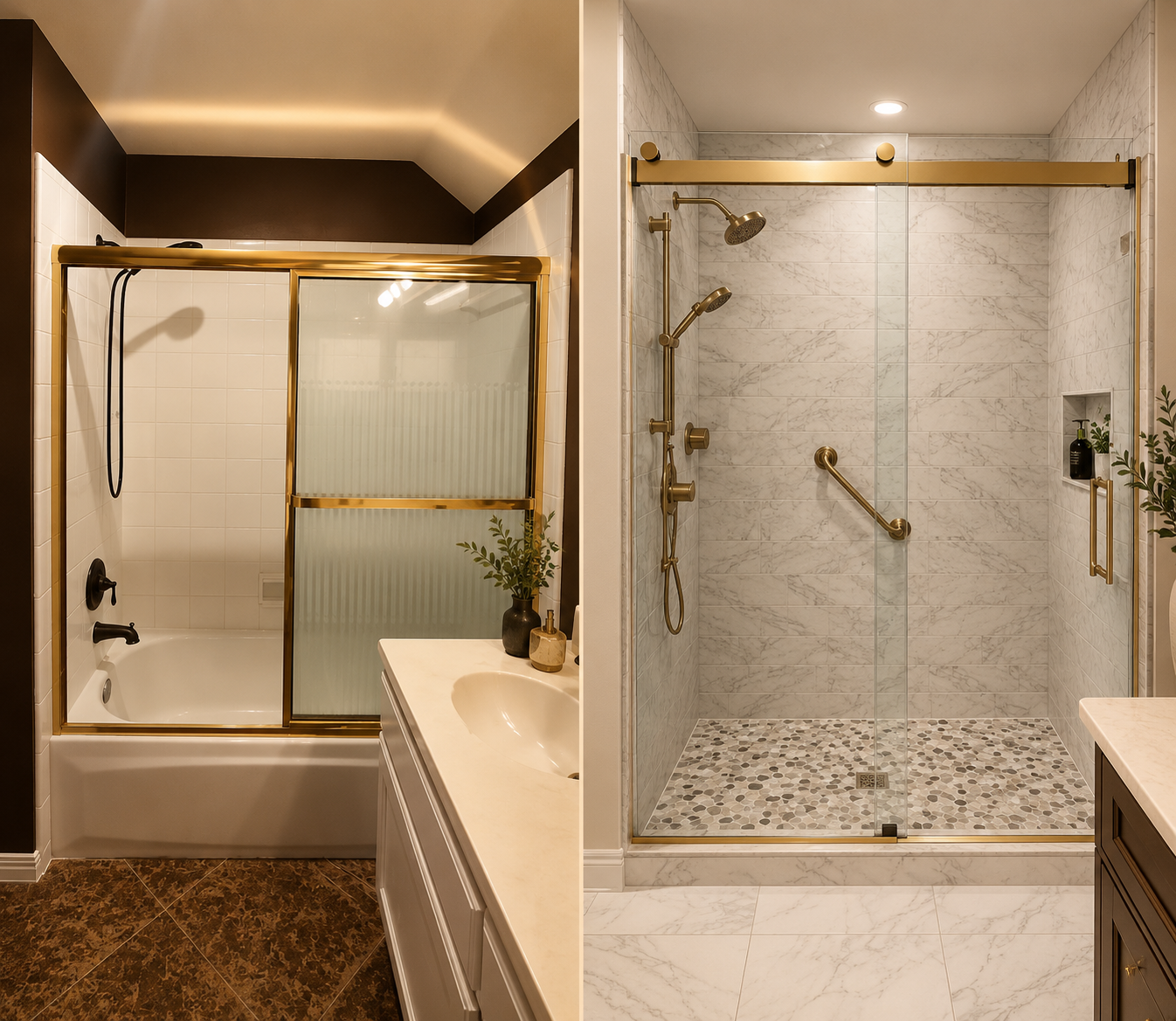 Comparison of two bathroom showers, one with dark brown walls and gold-framed sliding glass doors, bathtub, and dark brown fixtures, and the other with light marble walls, a clear glass door, and gold fixtures.