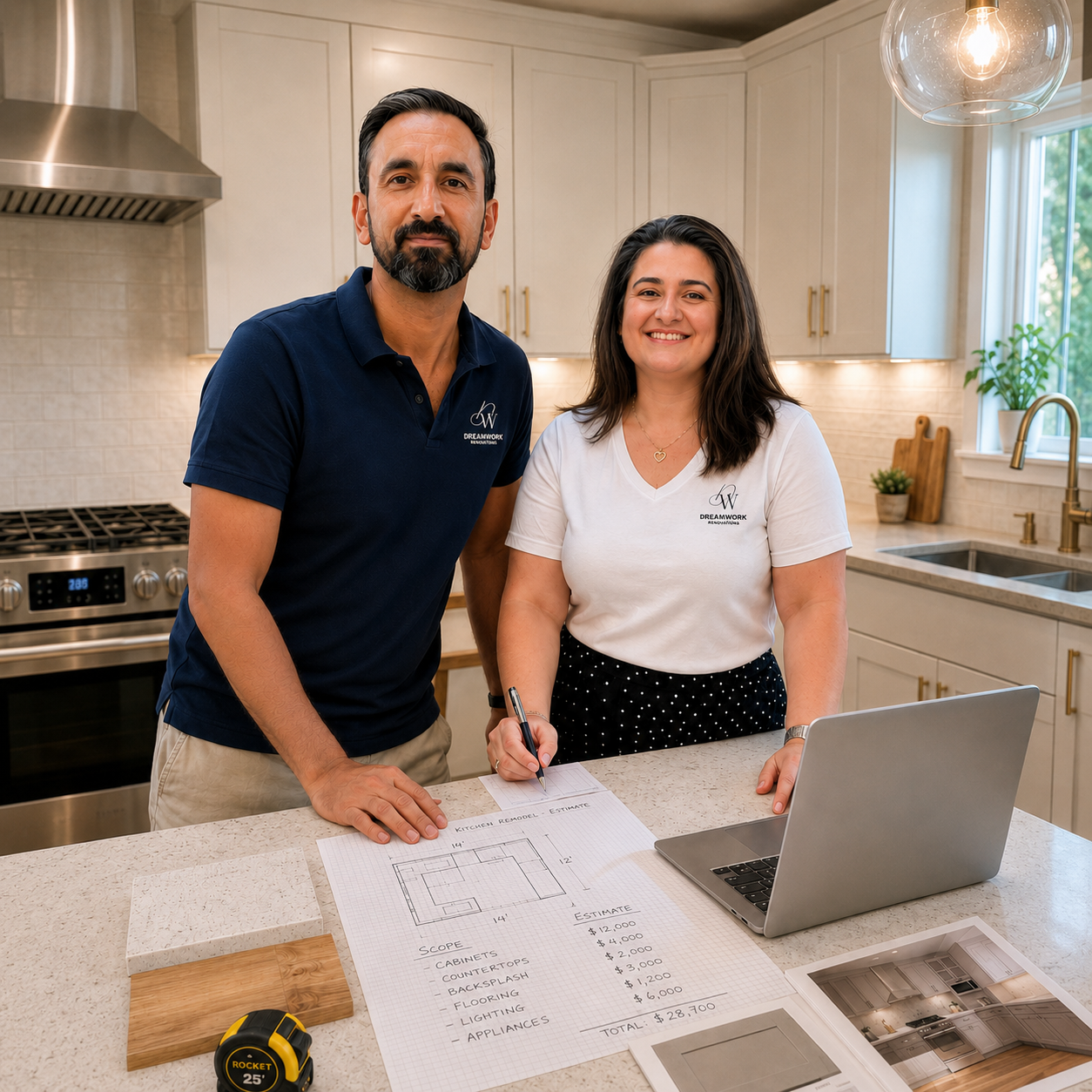 A man and woman standing in a kitchen, planning a renovation project with blueprints and a laptop.