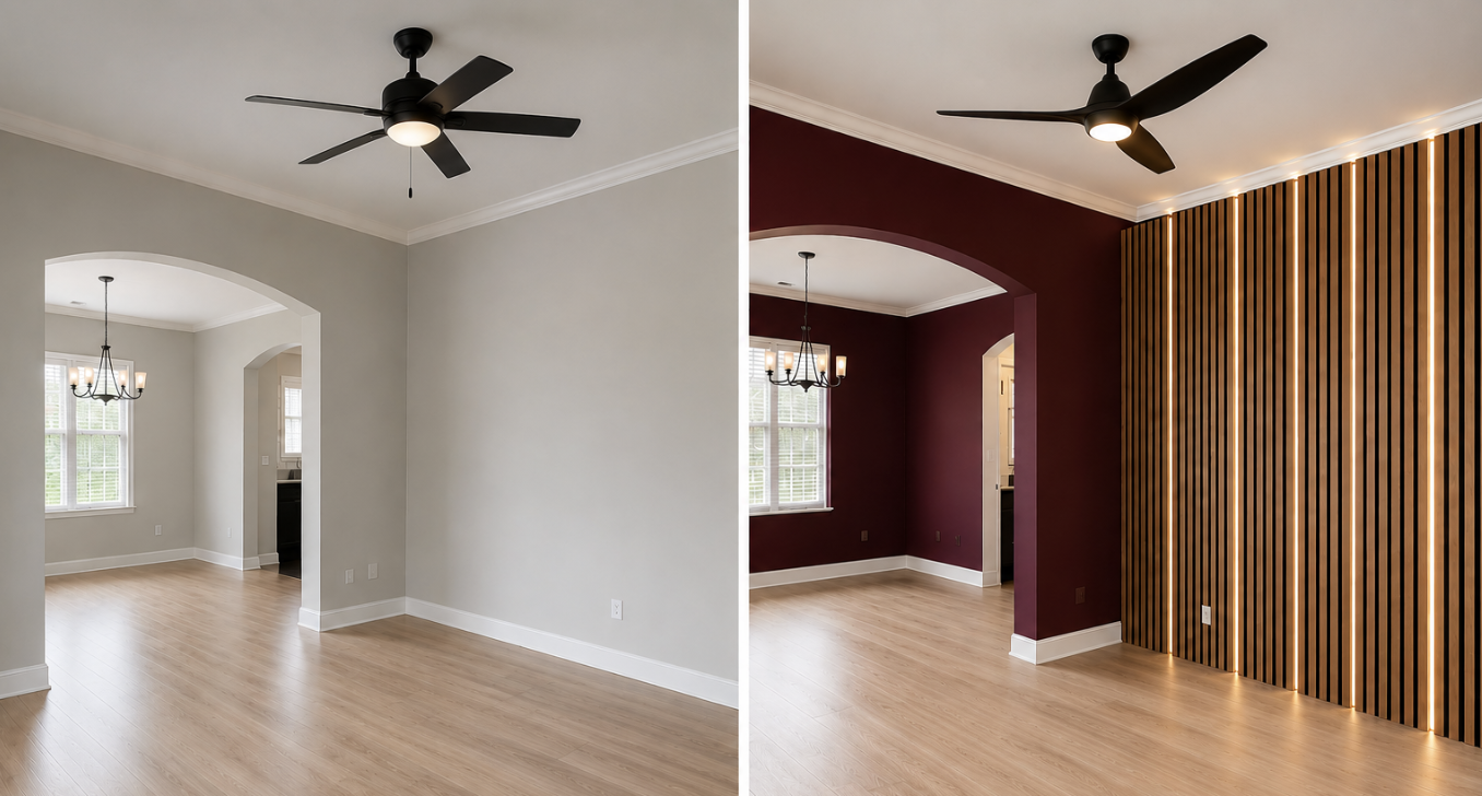 Side-by-side comparison of living rooms, one with light gray walls and the other with dark red walls and wooden slat accent wall, both featuring ceiling fans and hardwood floors.