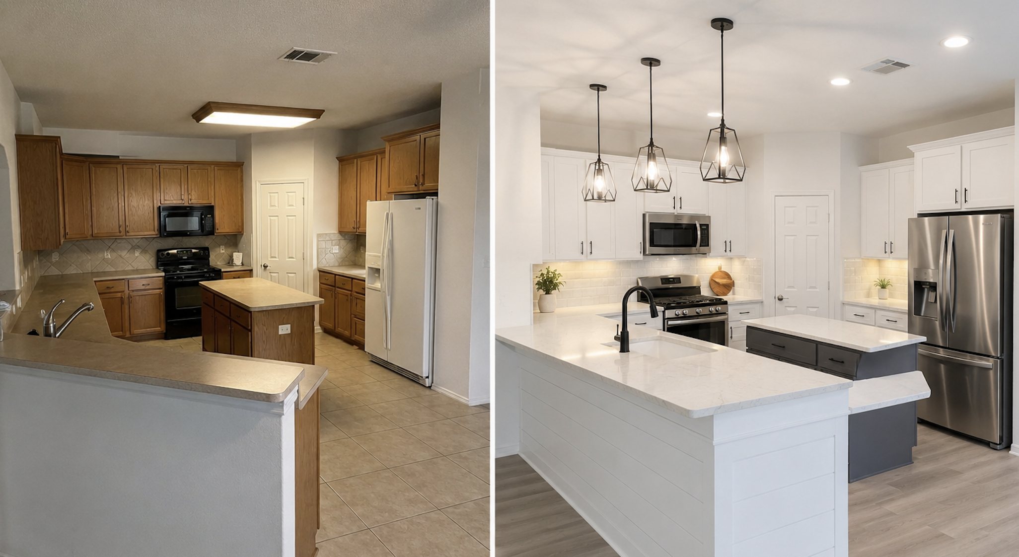 Comparison of two kitchens: the left kitchen has wooden cabinets, beige countertops, and older appliances, while the right kitchen has white cabinets, a white countertop, modern lighting, and stainless steel appliances.