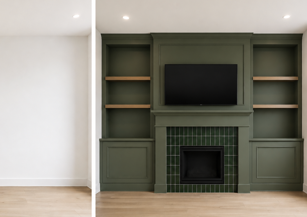 Living room with a green painted fireplace and built-in shelves, a wall-mounted flat-screen TV above the fireplace, and light-colored wooden flooring.