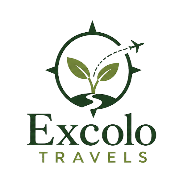 Logo for Excelo Travels featuring a green compass with a plant and leaf design inside, and the company name beneath.