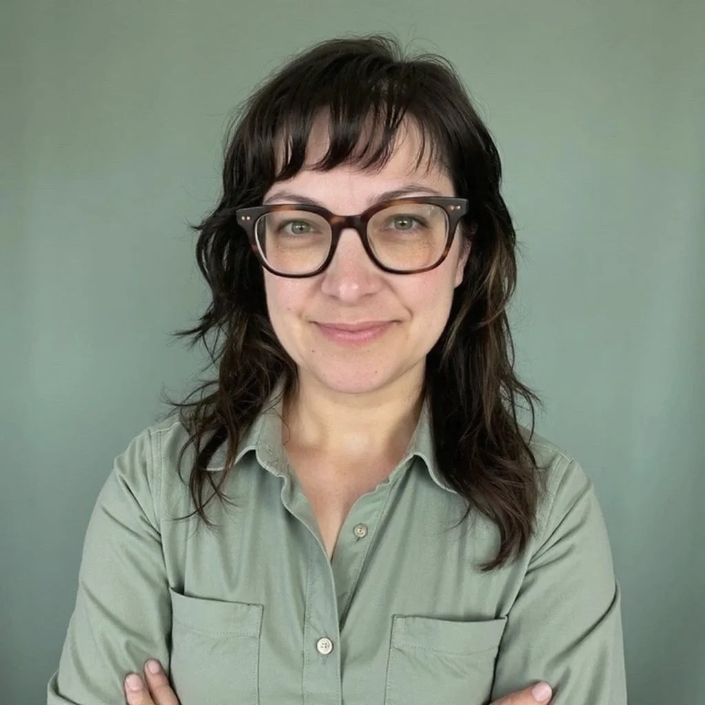 Image of person in green shirt, glasses, and mid length brown hair with friendly look on face
