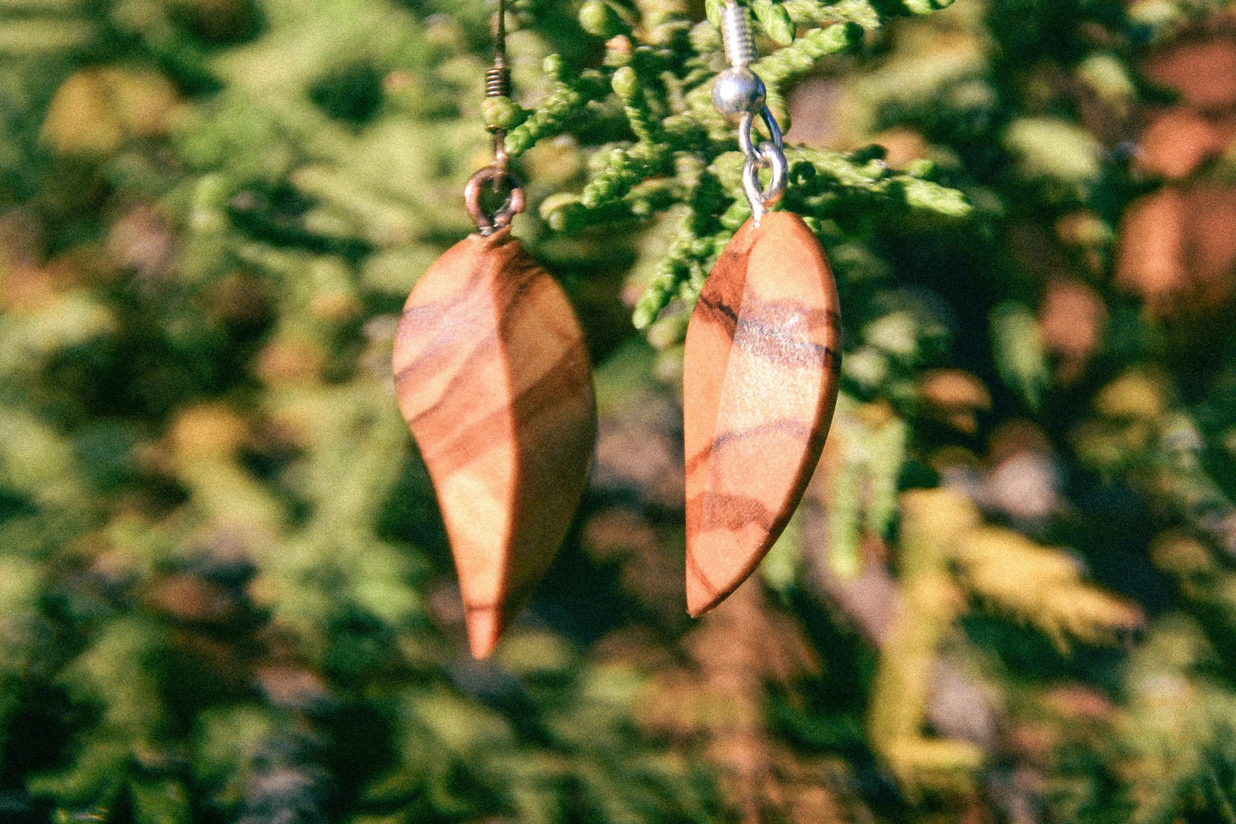 Handcrafted wooden earrings, inspired by nature, made in Central Oregon, by Timber Lark
