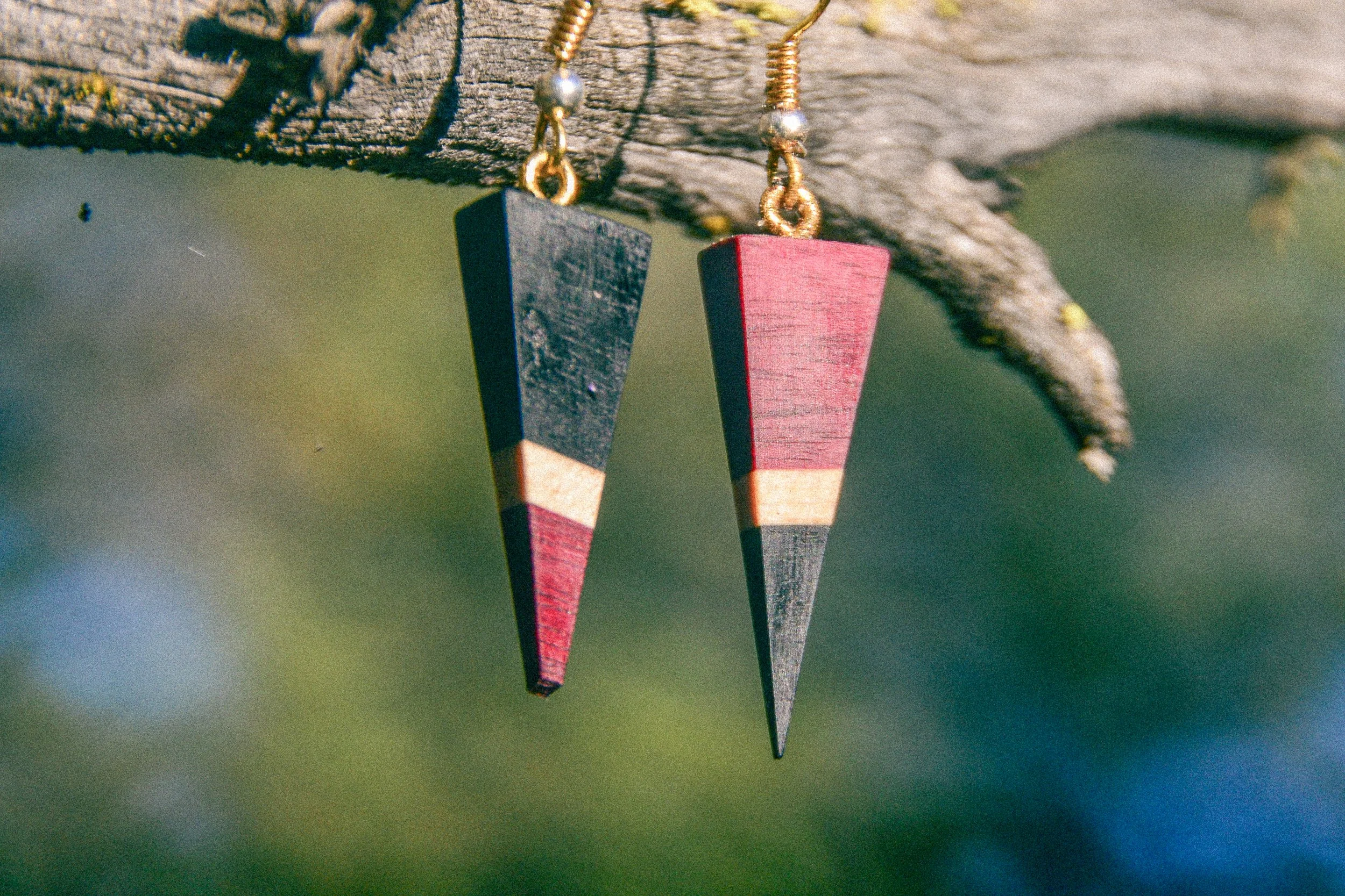 Handcrafted wooden earrings, inspired by nature, made in Central Oregon, by Timber Lark