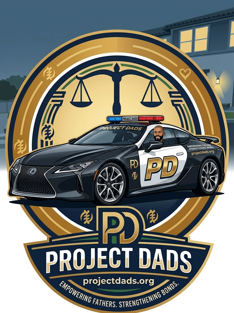A cartoon-style illustration of a police car with a smiling man inside, positioned in front of a large gold and black emblem for 'Project Dads.' The emblem features a scale of justice and dollar symbols, with the text 'PROJECT DADS' and the website projectdads.org, along with the slogan 'Empowering Fathers. Strengthening Bonds.'.