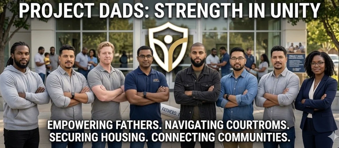 Group of diverse men and women standing outside a building with a sign, facing forward with arms crossed, promoting Project Dads, with the tagline: Empowering fathers, navigating courtrooms, securing housing, connecting communities.