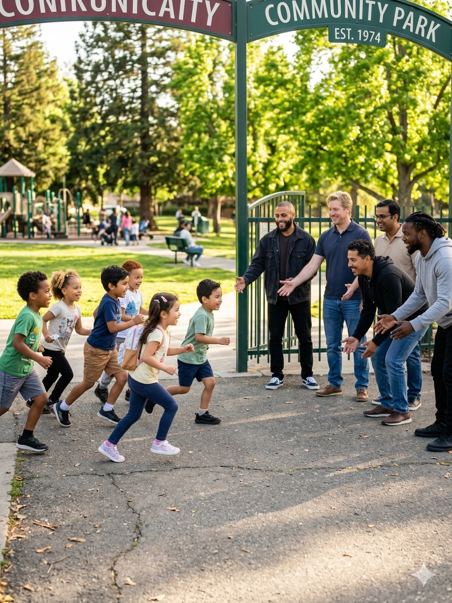 Children running into a park through a welcoming gate, greeted by smiling adults. The park has lush green trees, a playground, and benches.
