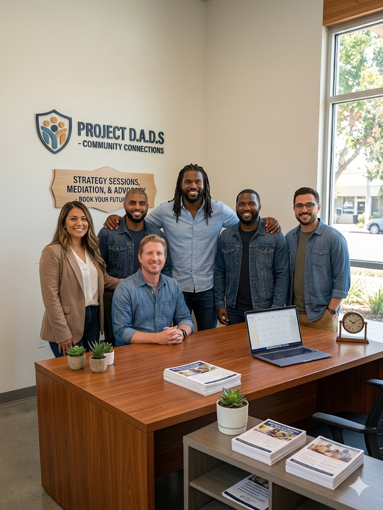 Group of six diverse people smiling in an office with a sign that says 'Project D.A.D.S. Community Connections' and stacks of pamphlets on a wooden desk.