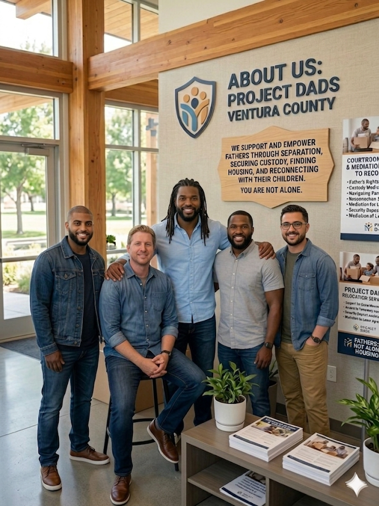 Group of five men standing inside a building with large windows, next to a sign for Project Dads Ventura County, supporting fathers through separation, securing custody, and reconnecting with children; display table with brochures and potted plants.