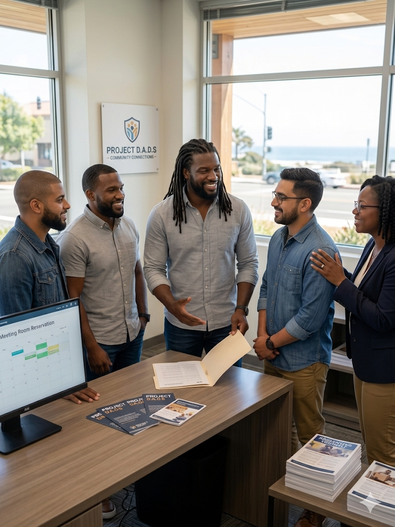 Group of five diverse people having a conversation in a bright office with a window view, project materials on the desk, and a sign reading 'PROJECT D.A.D.S' on the wall.