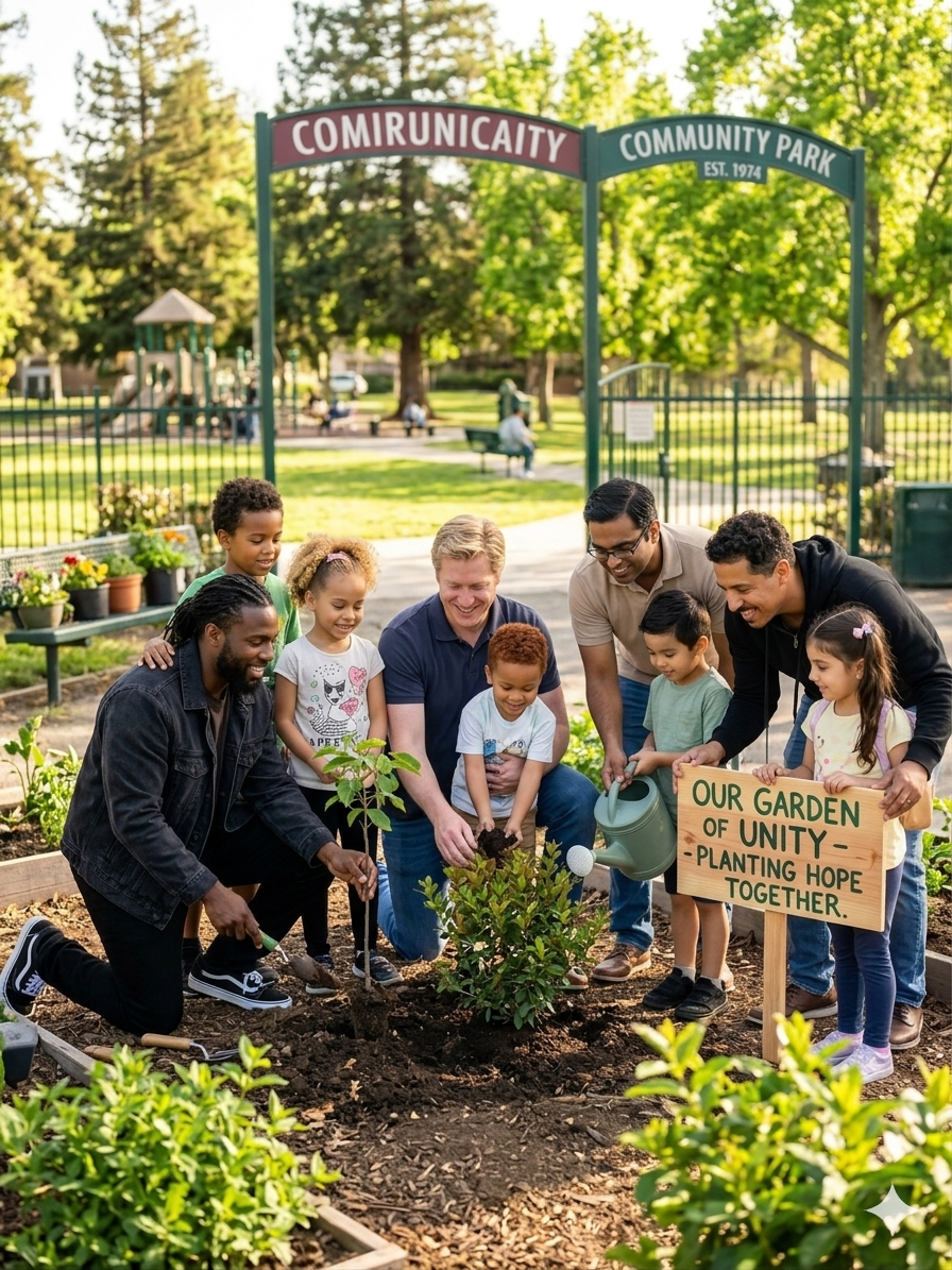 Group of children and adults planting a garden at Community Park, with a sign that reads 'Our Garden of Unity - Planting Hope Together' under a park sign that says 'Comunityciety Community Park EST. 1974' in the background.
