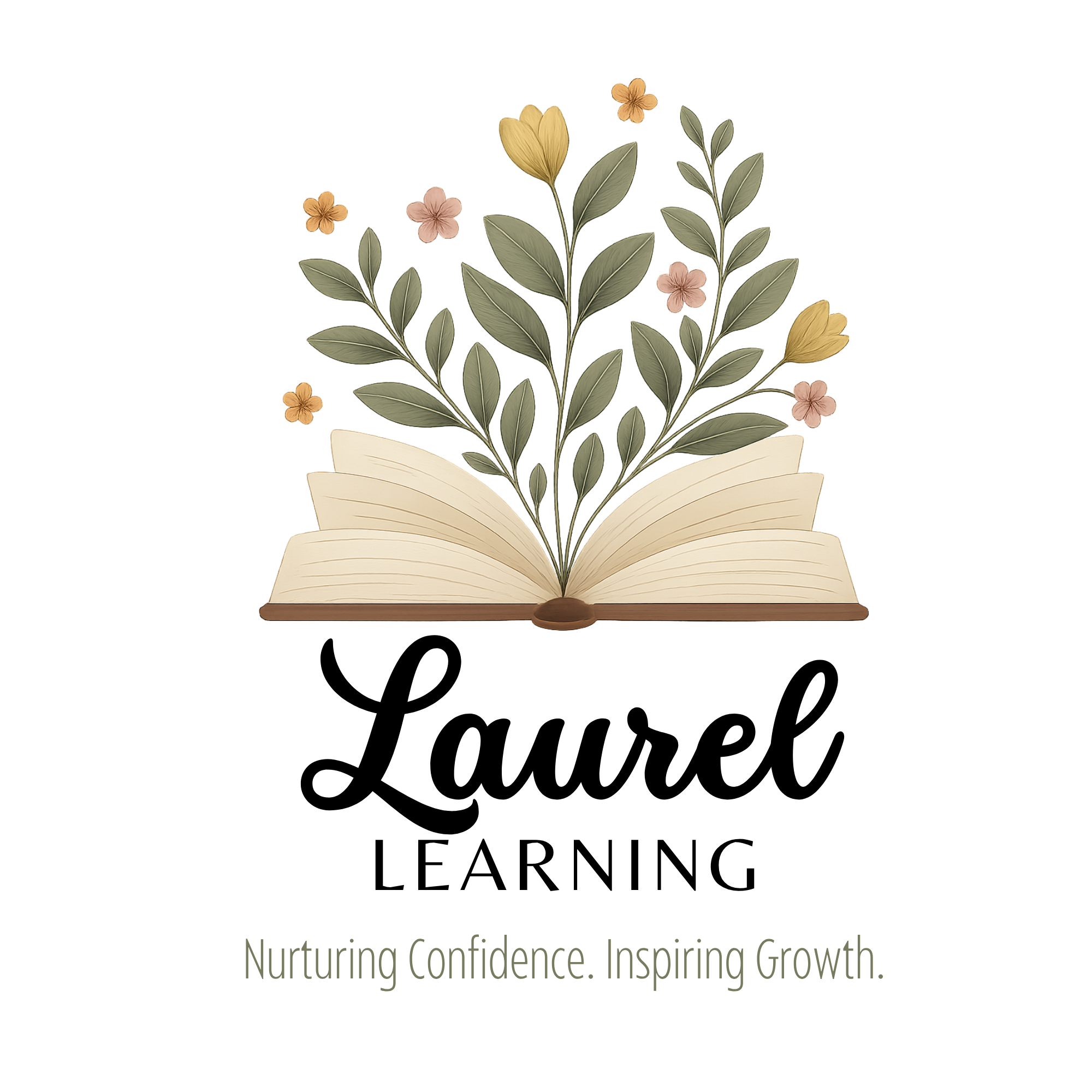 Open book with leafy plant and small flowers emerging from its pages, with the word 'Laurel' in large cursive font and the phrase 'Learning' underneath.